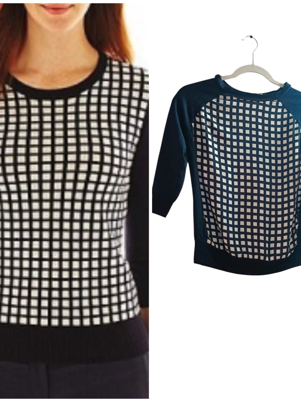 J. Crew Navy and White Grid Crewneck Sweater